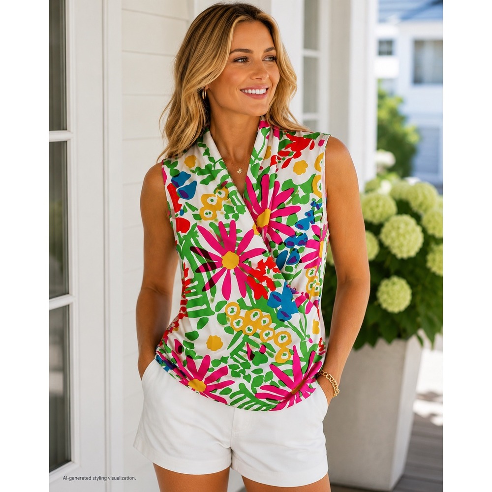J.MCLAUGHLIN Multicolor Floral Preppy Coastal Top Sleeveless Faux Wrap XS